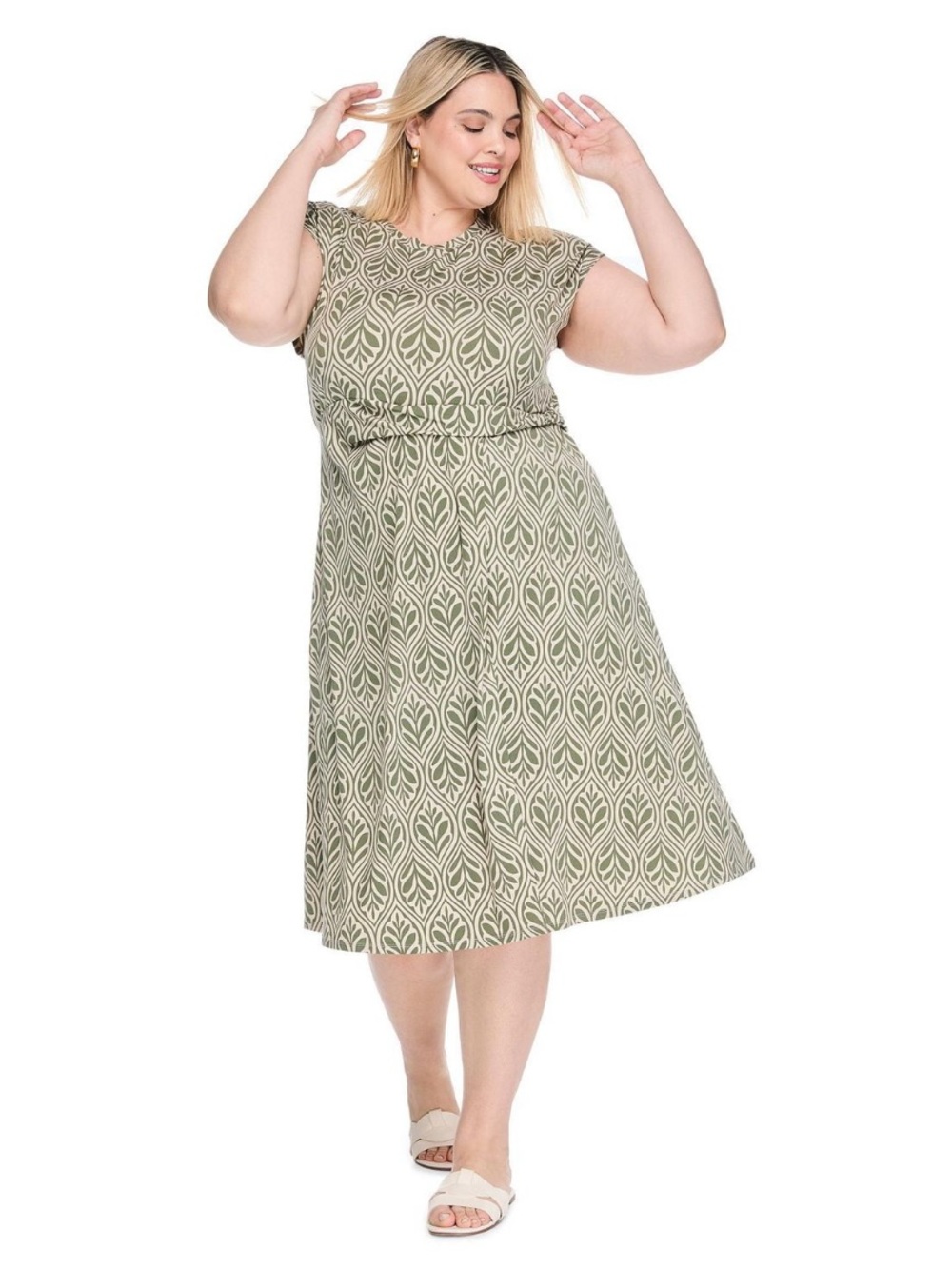 Lane Bryant 1X Green Cream Leaf Print Midi Dress Short Sleeve NWT